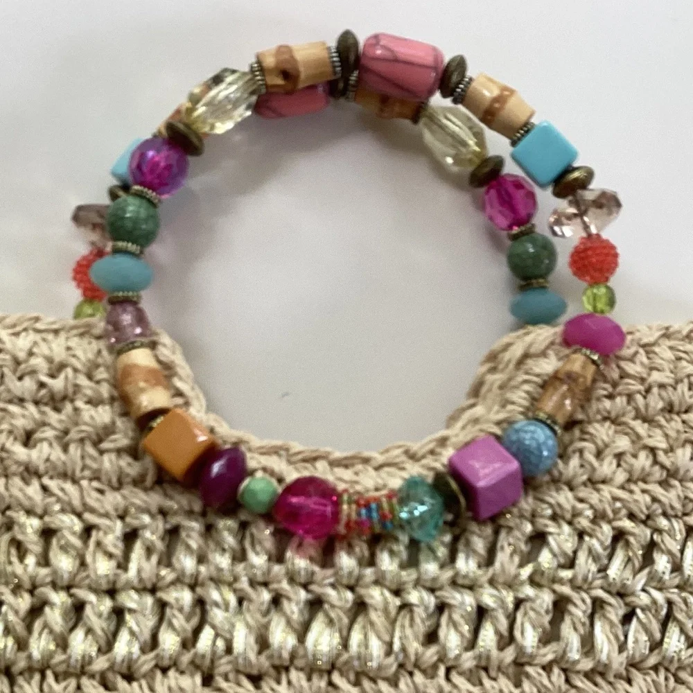 Cappelli Straworld Purse Handbag Round Beaded Jewel Handles Beige/Gold Lined - Picture 7 of 14